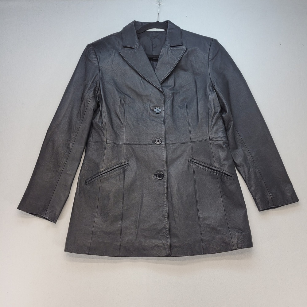 Newport News Styleworks Leather Blazer Women 10 Black Vintage 3-Button Jacket